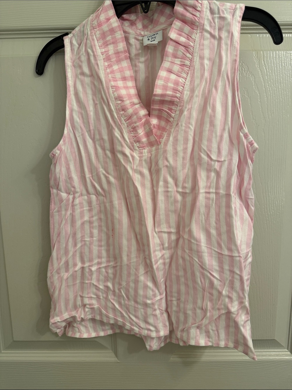 crown & ivy Pink and White Striped Ruffle V-Neck Tank